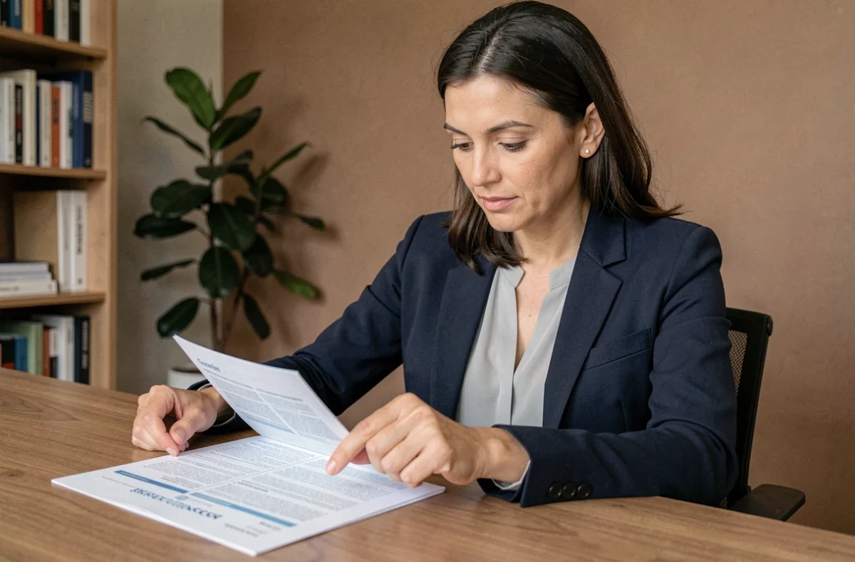 Femme lisant attentivement un contrat d'assurance santé Ociane Matmut à son bureau à domicile