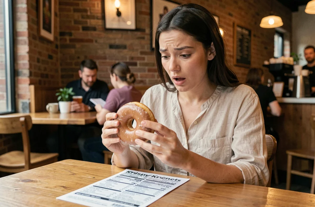 Jeune femme lisant les informations nutritionnelles d'un donut Krispy Kreme glacé dans un café urbain