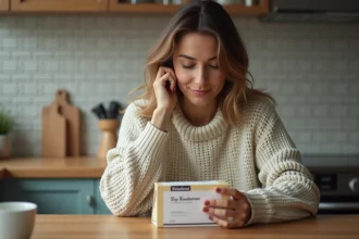 Femme lisant une étiquette de xylitol dans la cuisine