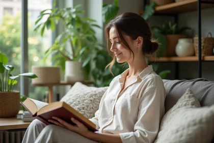Femme lisant dans un salon lumineux avec plantes vertes