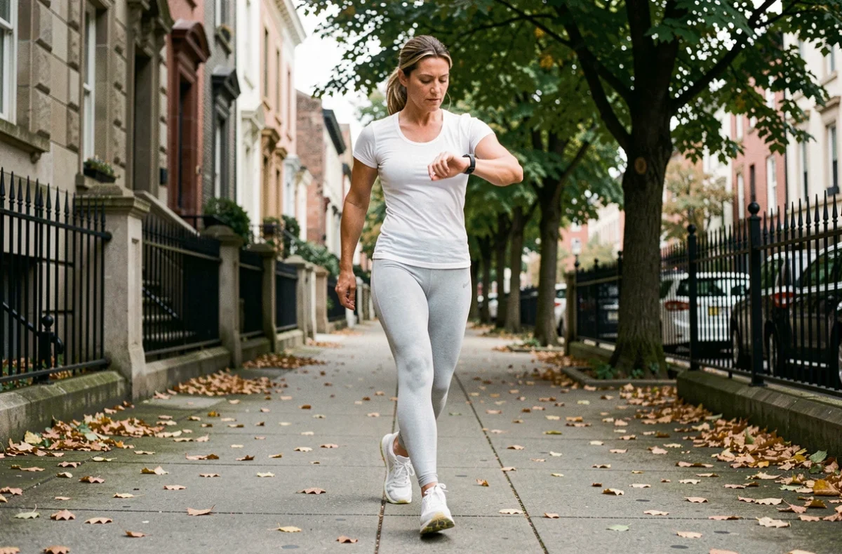 Femme active marchant rapidement en ville et consultant sa montre connectée pour suivre ses pas quotidiens