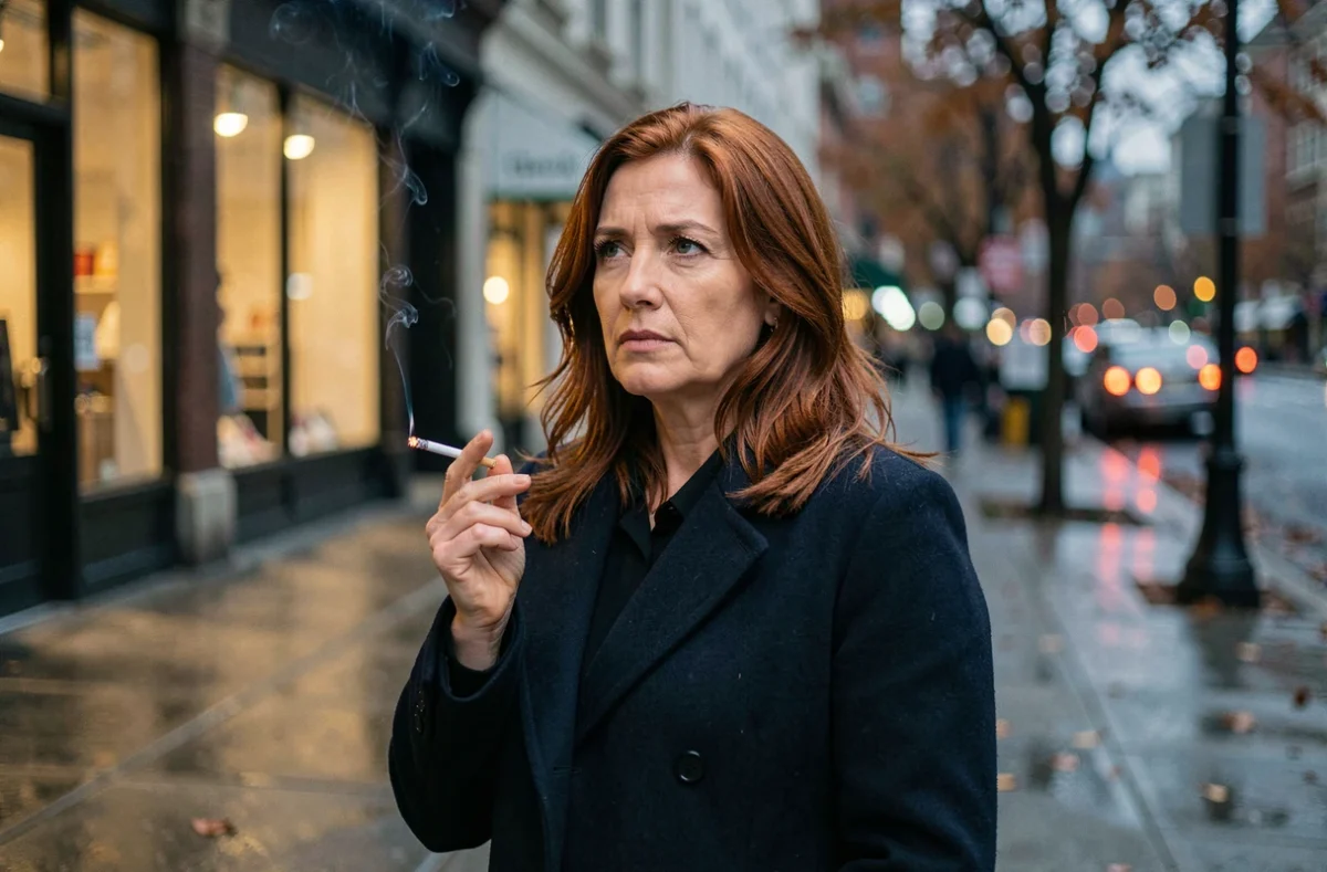 Femme fumant une cigarette Marlboro Light sous la pluie dans une rue de ville en automne