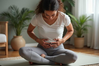 Femme en yoga massant doucement son ventre dans un intérieur calme