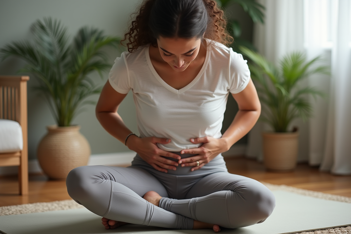 Femme en yoga massant doucement son ventre dans un intérieur calme