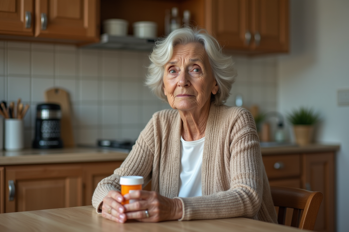 Femme âgée tenant une bouteille de médicaments dans sa cuisine