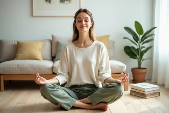 Femme sereine en méditation dans un salon minimaliste scandinave pour un mode de vie apaisé en 2026