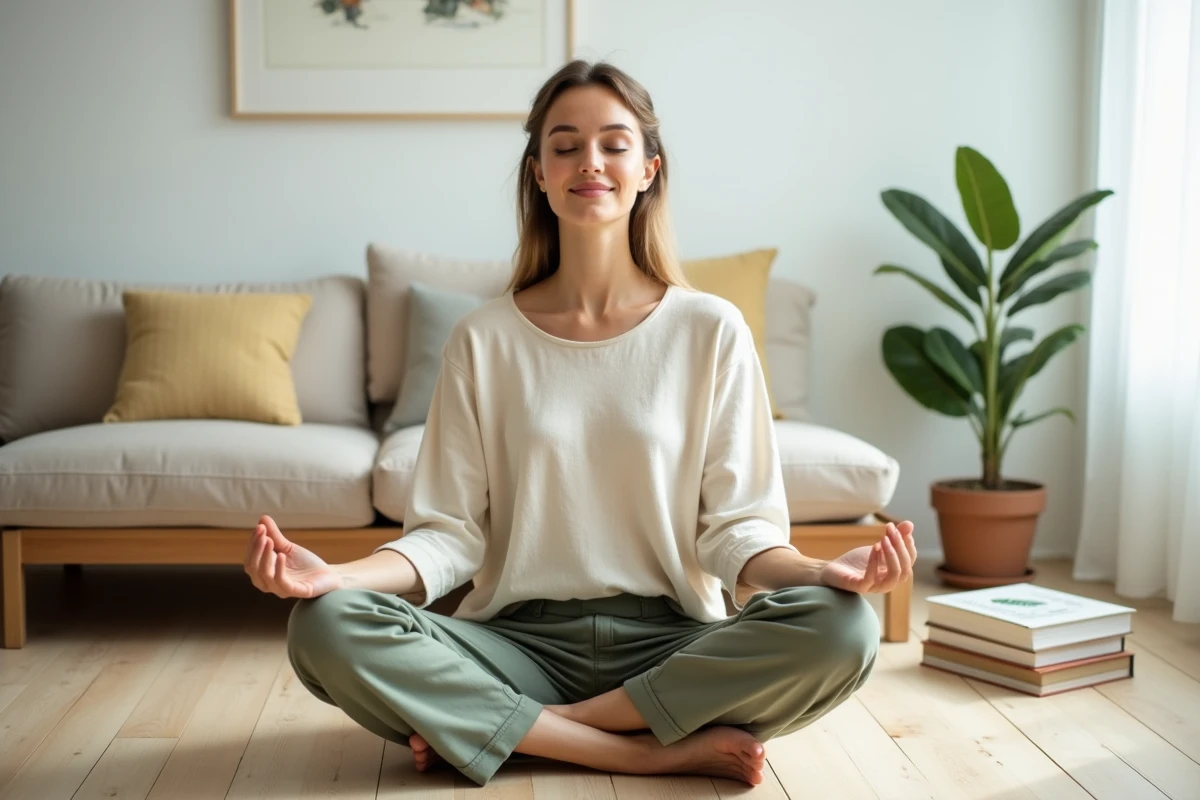 Femme sereine en méditation dans un salon minimaliste scandinave pour un mode de vie apaisé en 2026