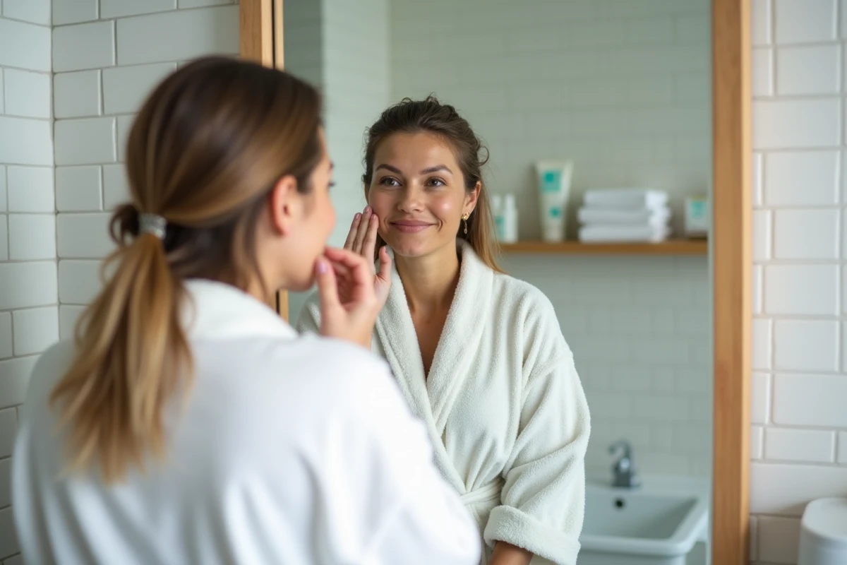 Femme regardant son reflet dans le miroir après un mois sans alcool, peau plus saine et regard serein