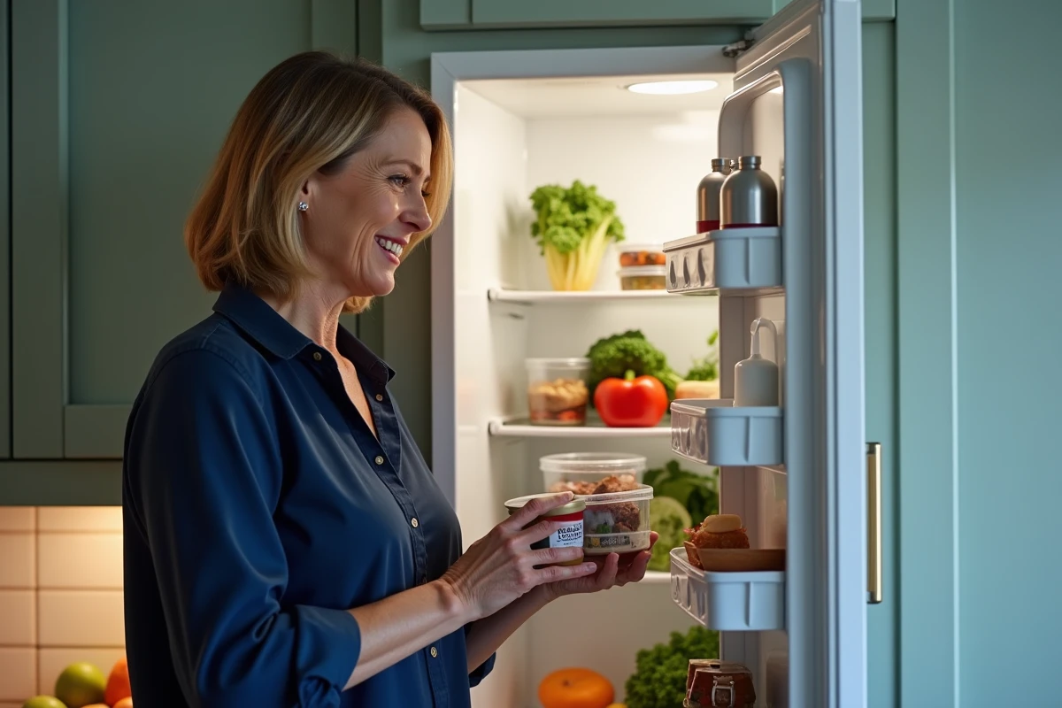 Femme organisant des repas préparés d'une box régime dans son réfrigérateur pour optimiser ses résultats minceur
