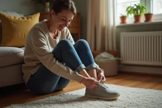 Femme d'âge moyen laceant ses chaussures orthopédiques dans un salon chaleureux