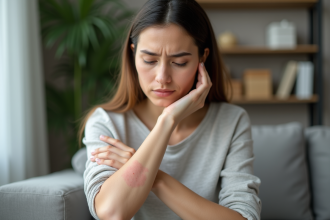 Femme touchant une peau irritée sur son bras dans un salon