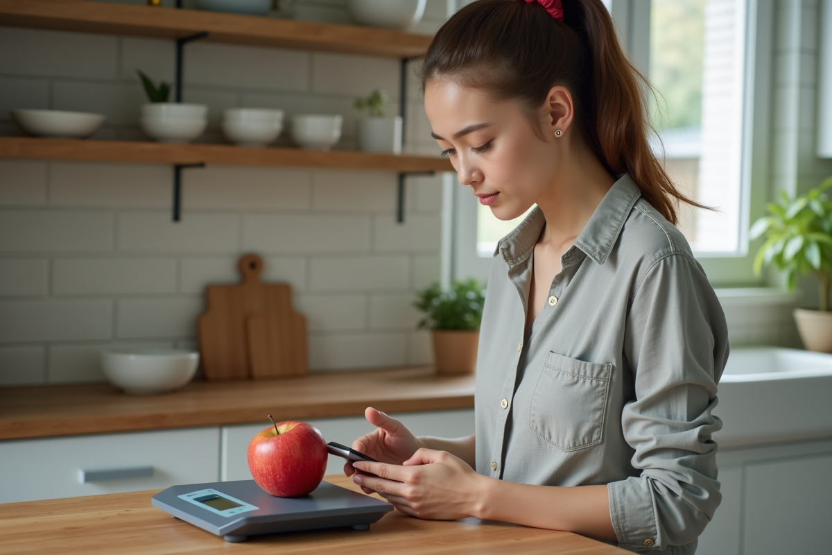 Jeune femme pèse une pomme dans une cuisine moderne