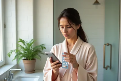 Femme tenant une plaquette de pilule contraceptive optiloba dans une salle de bain moderne en regardant son téléphone
