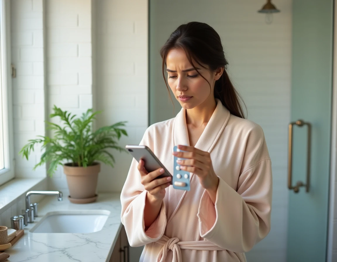 Femme tenant une plaquette de pilule contraceptive optiloba dans une salle de bain moderne en regardant son téléphone