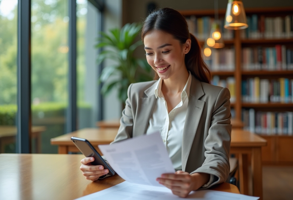 Jeune femme professionnelle consulte un smartphone dans une bibliothèque