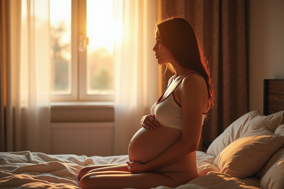 Femme contemplative assise au lit au matin