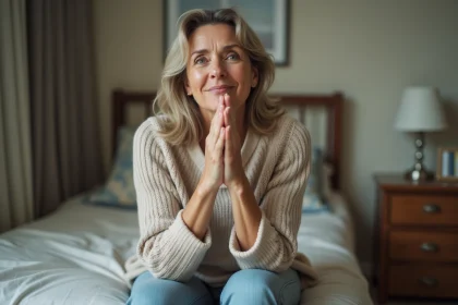 Femme d'&acirc;ge moyen assise sur le lit en pensant