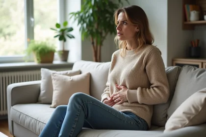 Femme en int&eacute;rieur pensant avec main sous les c&ocirc;tes
