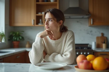 Femme pensive assise &agrave; la cuisine apr&egrave;s un repas