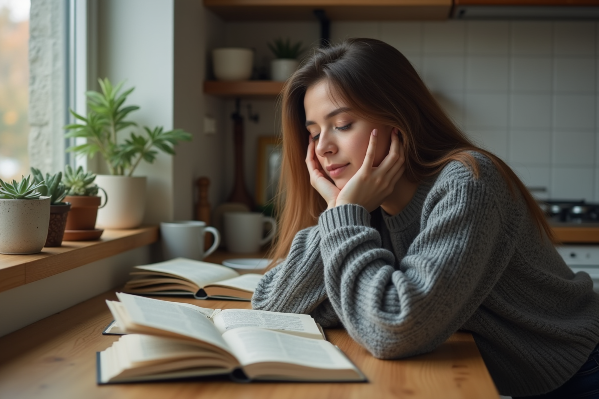 Jeune femme en réflexion dans une cuisine chaleureuse