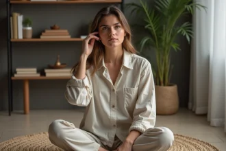 Femme méditative en intérieur dans un décor zen