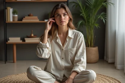 Femme m&eacute;ditative en int&eacute;rieur dans un d&eacute;cor zen