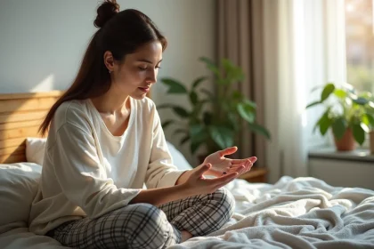Femme assise sur le lit regardant une fourmi sur sa main