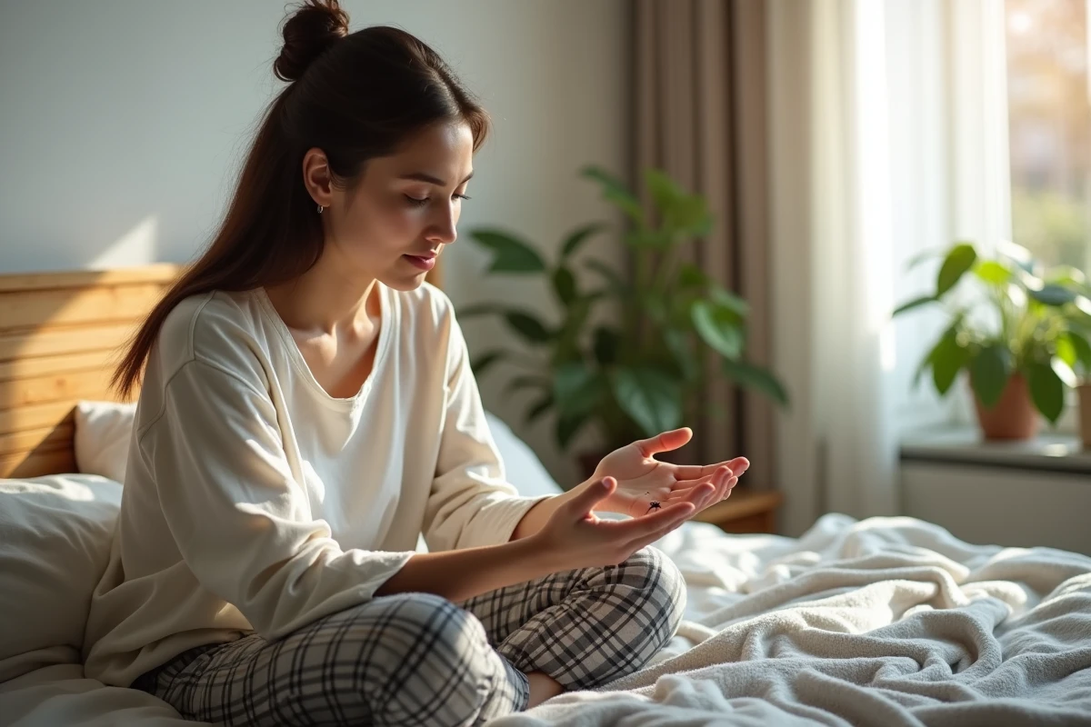 Femme assise sur le lit regardant une fourmi sur sa main