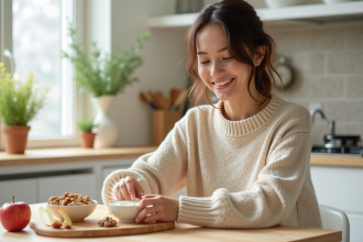 Femme souriante préparant une collation saine dans la cuisine