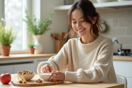Femme souriante préparant une collation saine dans la cuisine