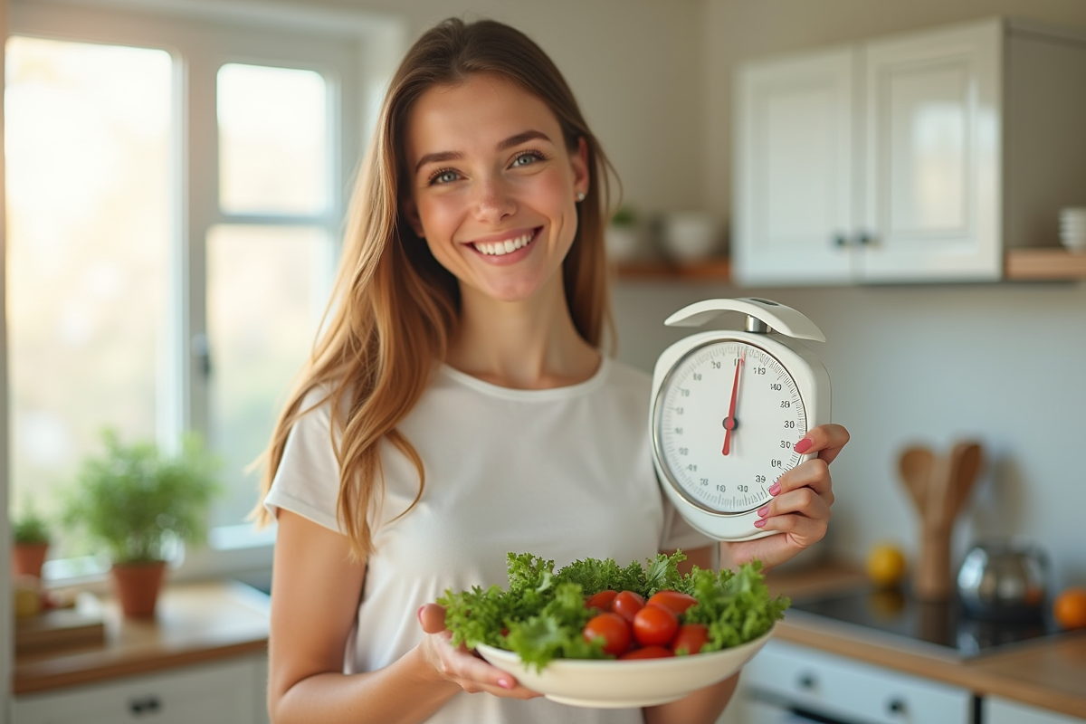 Jeune femme souriante avec une balance et une salade fraîche dans une cuisine lumineuse
