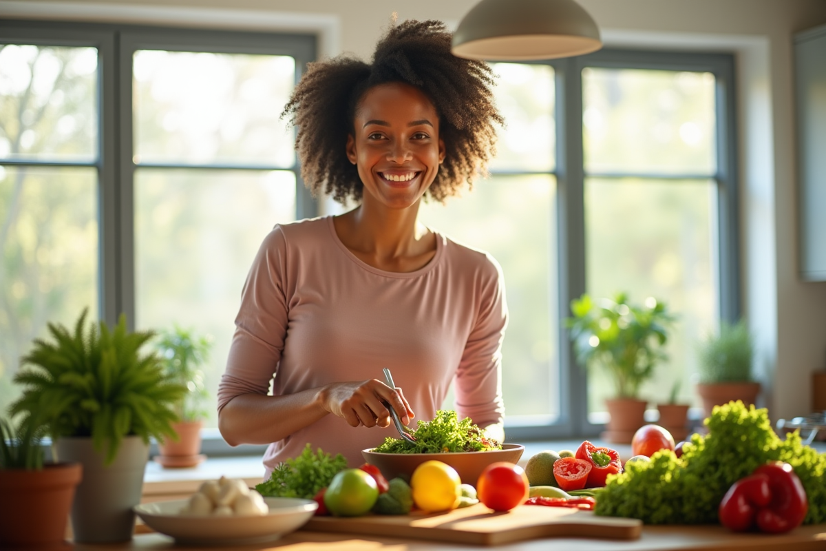 Femme souriante préparant une salade fraîche dans une cuisine lumineuse