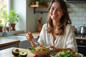 Jeune femme préparant une salade colorée dans la cuisine