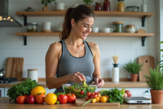 Jeune femme en cuisine préparant une salade colorée
