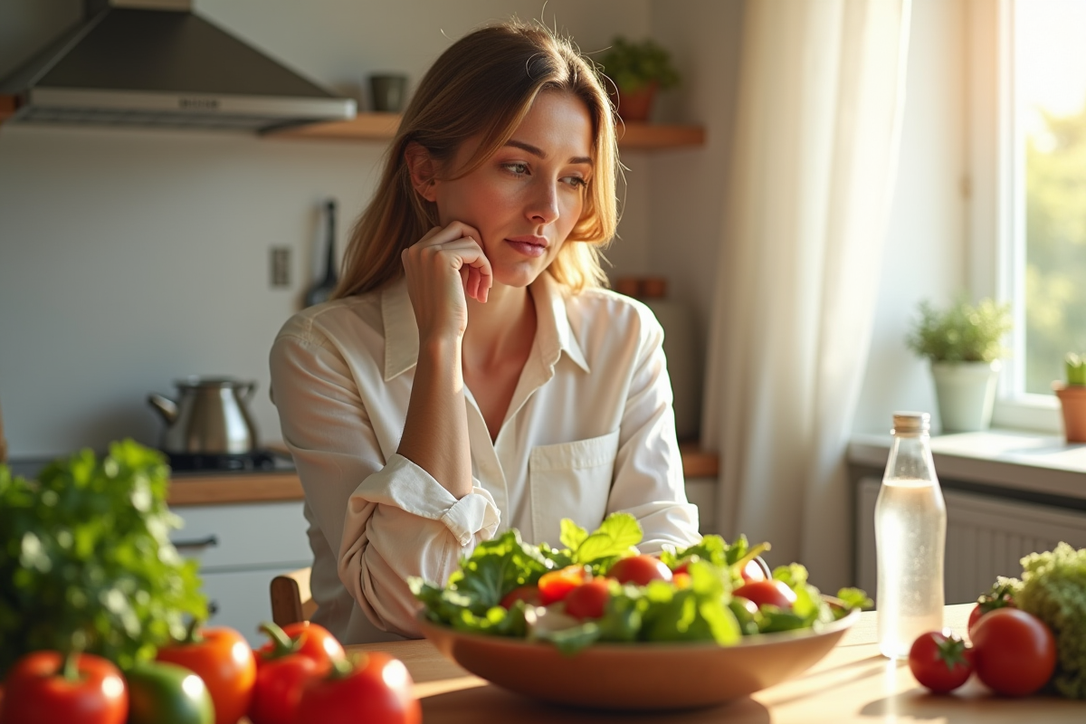 Femme dans la quarantaine regardant une salade saine dans une cuisine lumineuse