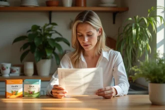 Femme lisant une fiche sur un complément naturel dans sa cuisine