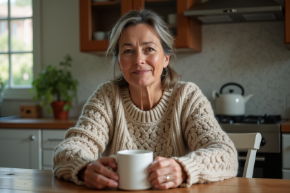 Femme d'âge moyen assise avec un mug dans la cuisine