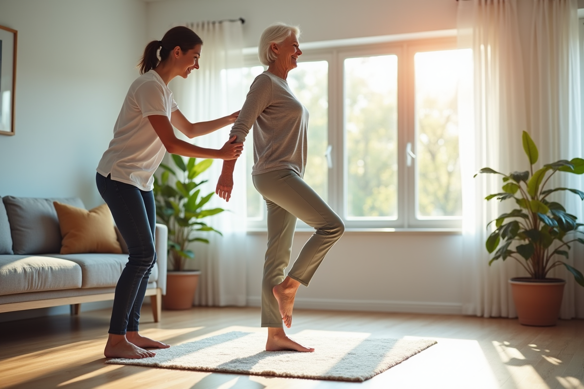 Femme senior pratiquant l'équilibre dans un salon lumineux