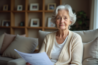 Femme âgée avec formulaire médical dans un salon chaleureux