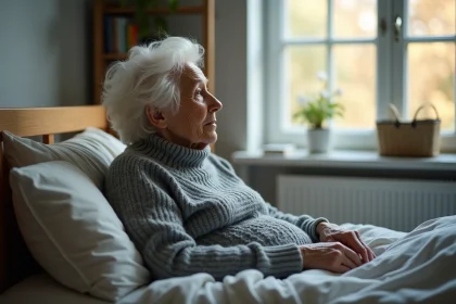 Femme âgée regardant par la fenêtre dans sa chambre