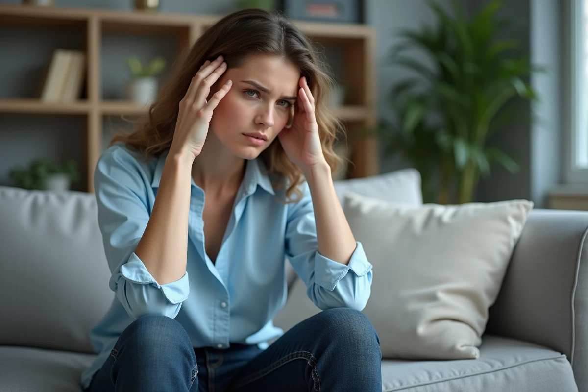 Femme d'une trentaine assise sur un canapé moderne en appartement