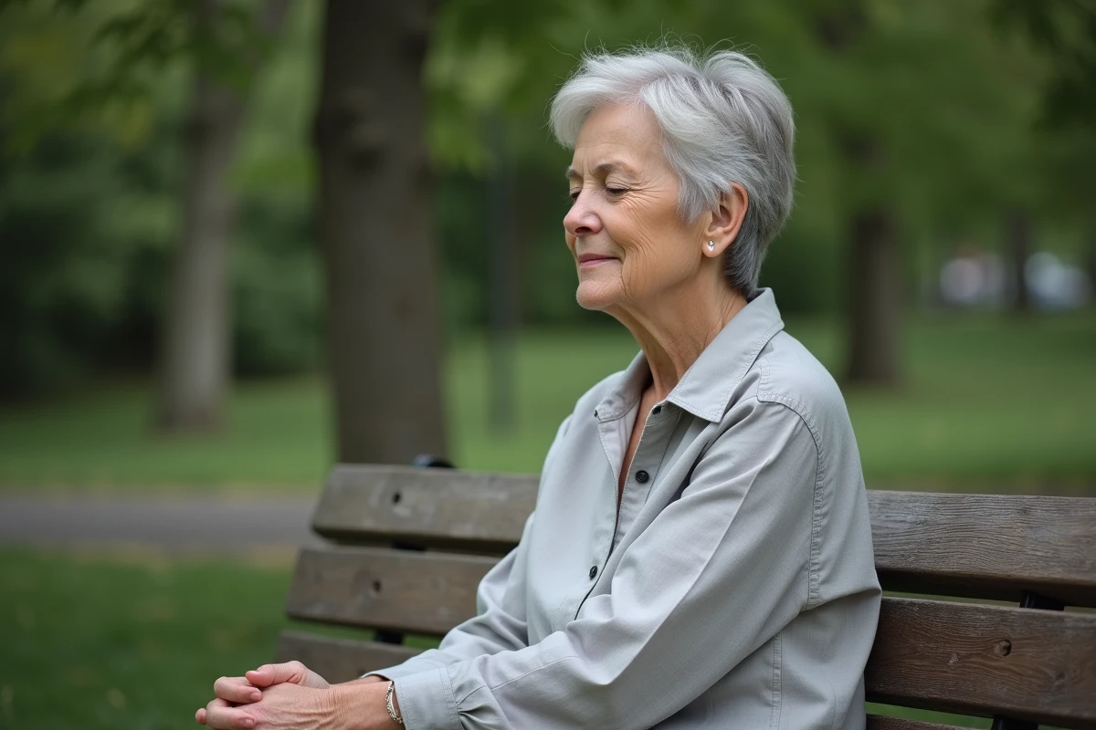 Femme d'une cinquantaine d'années assise sur un banc de parc, les yeux fermés dans un moment de sérénité, illustrant la stabilisation de la maladie de Ménière