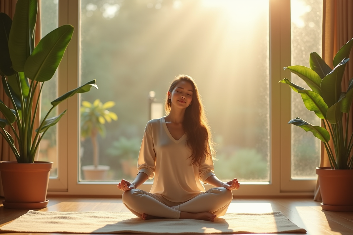 Jeune femme paisible assise en méditation près d'une fenêtre ensoleillée