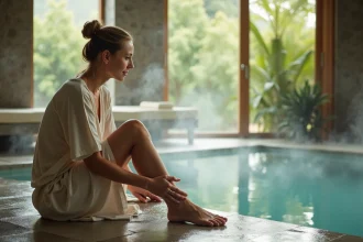 Femme d'âge moyen dans un spa thermal intérieur en détente