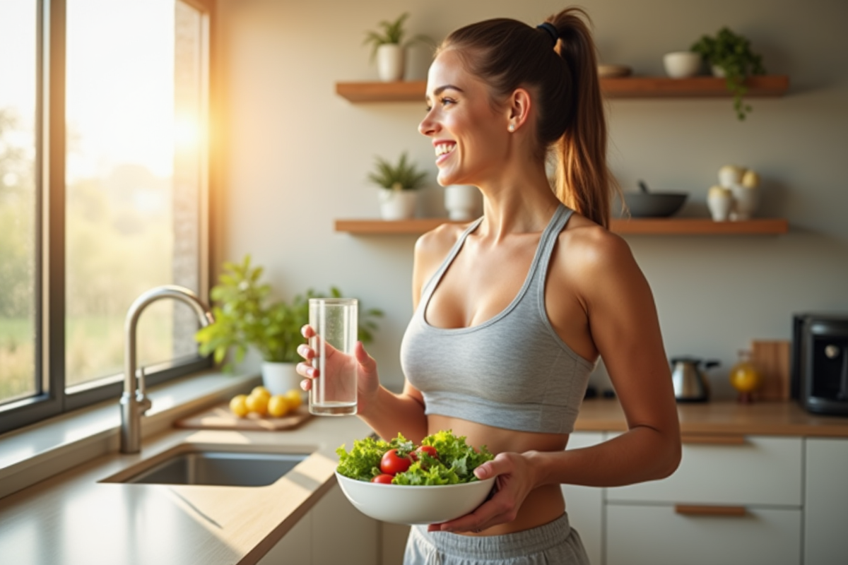 Jeune femme en tenue de sport avec salade et eau dans une cuisine lumineuse