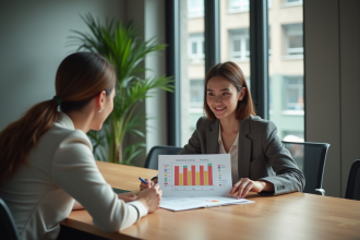 Jeune femme confiante discutant stratégie marketing colorée