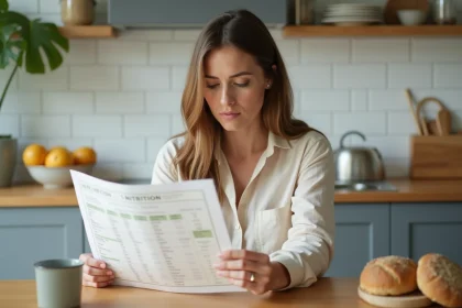 Femme consultant un tableau de l'index glycémique des aliments dans une cuisine moderne