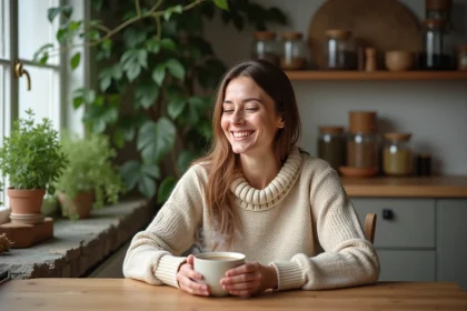 Femme souriante tenant une tasse de rooibos dans la cuisine chaleureuse