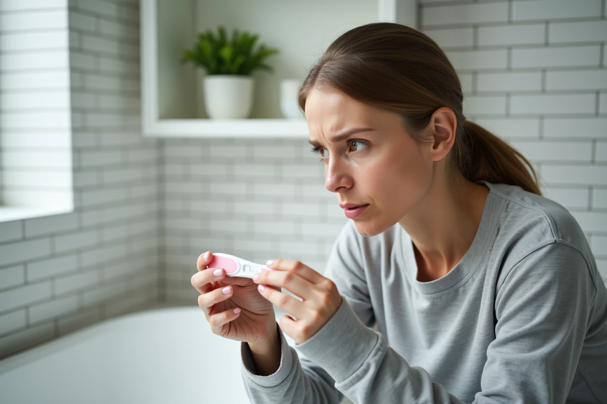 Femme tenant un test de grossesse et observant une barre d'évaporation avec attention dans une salle de bain lumineuse