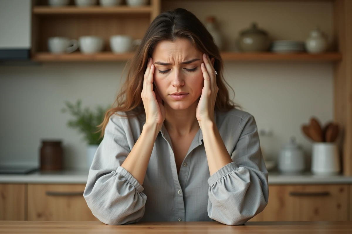 Femme souffrant de tête lourde et de vertiges assise dans sa cuisine, les mains sur les tempes, expression de fatigue chronique